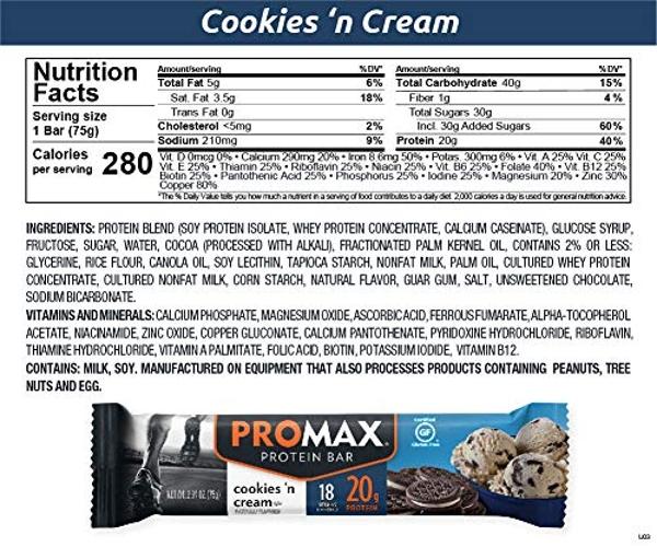 Promax Protein Bar, Cookies 'n Cream, 20g High Protein, Gluten Free, 12 Count
