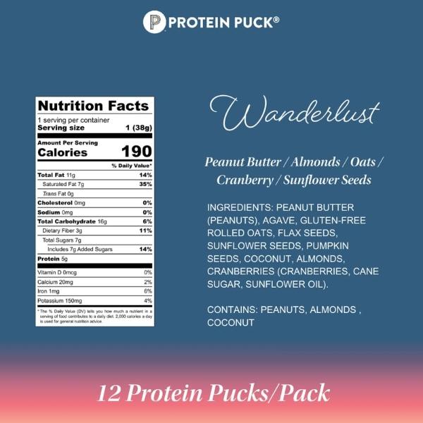Protein Puck Plant Based Bars | Snacks with Vegan Protein | 12 Count | 1.34 oz Mini Size | Gluten Free, Non Dairy, Kosher Certified Non GMO Premium Healthy Bars | Wanderlust