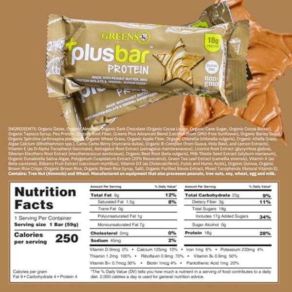 Greens+ Plusbar Protein Natural, Gluten-Free Whey Protein Bar with Organic Ingredients, Non-GMO Green Protein Bars, 12 Pack