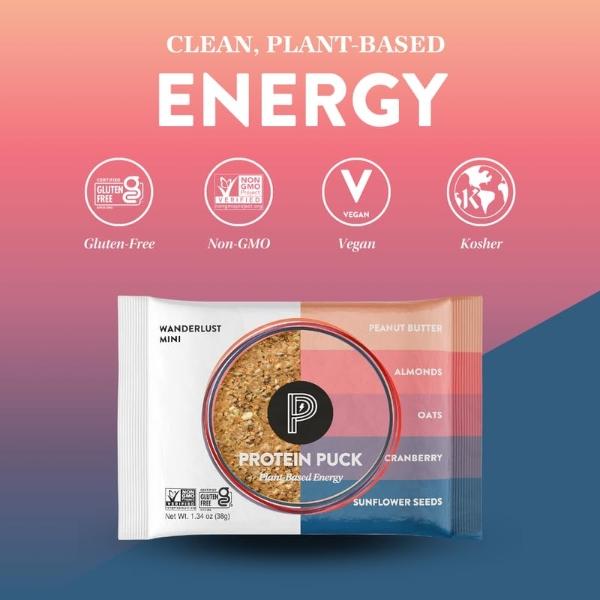 Protein Puck Plant Based Bars | Snacks with Vegan Protein | 12 Count | 1.34 oz Mini Size | Gluten Free, Non Dairy, Kosher Certified Non GMO Premium Healthy Bars | Wanderlust