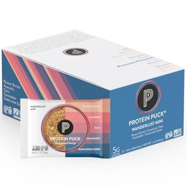 Protein Puck Plant Based Bars | Snacks with Vegan Protein | 12 Count | 1.34 oz Mini Size | Gluten Free, Non Dairy, Kosher Certified Non GMO Premium Healthy Bars | Wanderlust