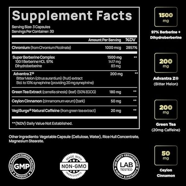 141,500mg GLP-1 Berberine Weight Loss Supplement + Dihydroberberine, Ceylon Cinnamon, Chromium Picolinate, Bitter Melon - 100x Strength Berberine 1500mg Natural Appetite Suppressan