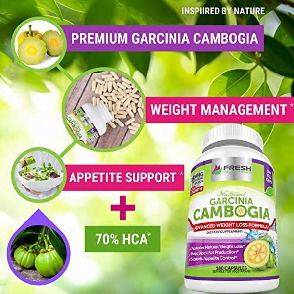 FRESH HEALTHCARE 100% Pure Garcinia Cambogia Extract - All Natural Appetite Suppressant & Weight Management Support - 180 Capsules