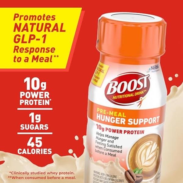 BOOST Pre-Meal Hunger Support Nutritional Drink, Promotes Natural GLP-1 Response to a Meal, 10g Whey Protein, 45 Calorie, Ready-to-Drink & Fat-Free, Light Tasting Mocha Flavor, 4.2