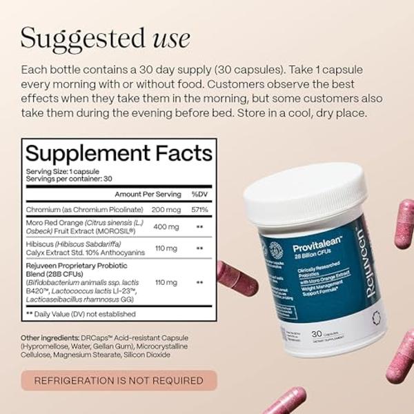 Rejuveen Provitalean Probiotics for Women & Natural GLP1 Booster | Sugar Support Supplement for Resistant Waistlines | with Chromium Picolinate to Support Metabolism & Mute Craving