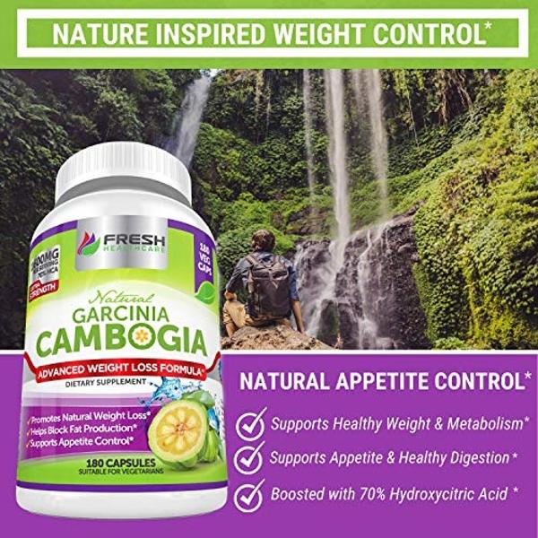 FRESH HEALTHCARE 100% Pure Garcinia Cambogia Extract - All Natural Appetite Suppressant & Weight Management Support - 180 Capsules