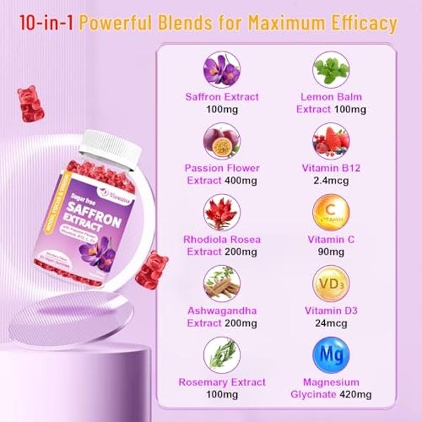 VZOXAINS Saffron Gummies - Sugar Free with Passion Flower, Rhodiola, Vitamin B12 and D3, Support Eye Vision, Focus, Mood and Metabolism, Wild Berry Flavor 60 Cts