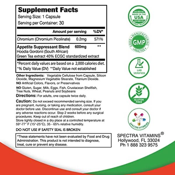 Appetite Suppressant 30 Capsules - S. African Hoodia and Green Tea Extract Control Appetite, Support Weight Loss, Increase Energy and Metabolism, Made in USA