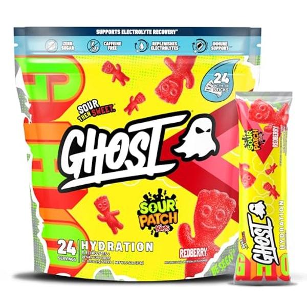 GHOST Hydration Packets, Sour Patch Kids Redberry, 24 Sticks, Electrolyte Powder - Drink Mix Supplement with Magnesium, Potassium, Calcium, Vitamin C - Vegan, Free of Soy, Sugar & 