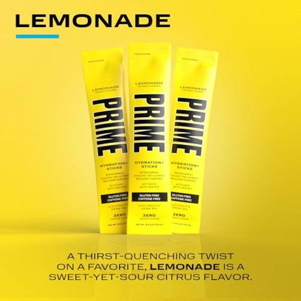 PRIME HYDRATION+ Sticks Lemonade | Hydration Powder Single Serve Sticks | Electrolyte Powder On The Go | 250mg BCAAs, B Vitamins, Antioxidants | Low Sugar | Caffeine-Free | Vegan |