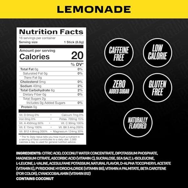 PRIME HYDRATION+ Sticks Lemonade | Hydration Powder Single Serve Sticks | Electrolyte Powder On The Go | 250mg BCAAs, B Vitamins, Antioxidants | Low Sugar | Caffeine-Free | Vegan |