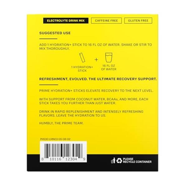 PRIME HYDRATION+ Sticks Lemonade | Hydration Powder Single Serve Sticks | Electrolyte Powder On The Go | 250mg BCAAs, B Vitamins, Antioxidants | Low Sugar | Caffeine-Free | Vegan |