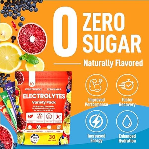 Keppi Keto Electrolytes Powder No Sugar - Made in USA - Advanced Hydration & Recovery - Raspberry Lemonade, Blueberry Pomegranate & Lemon Lime Flavors