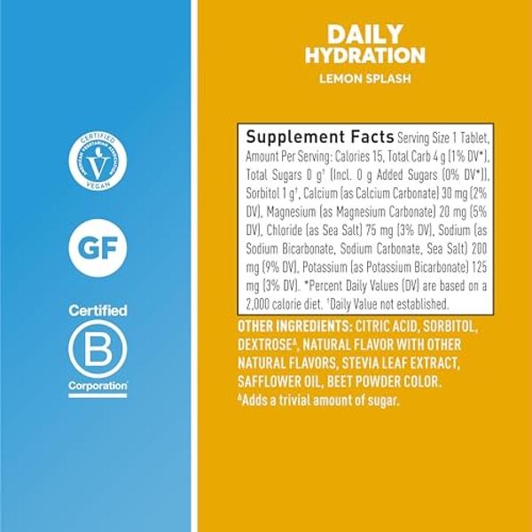 Nuun Daily Electrolyte Tablets with Magnesium, Calcium, Potassium, Chloride & Sodium, Gluten Free, Sugar Free, & Vegan, Lemon Splash Flavor, 8 Pack (80 Servings Total)