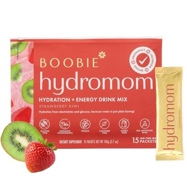 Boobie Hydromom Superfood Electrolyte Drink Mix, Strawberry Kiwi | Refreshing Energy & Hydration Boost for Mamas | On-The-Go & Travel Essentials for Pregnancy, Lactation, & Beyond,