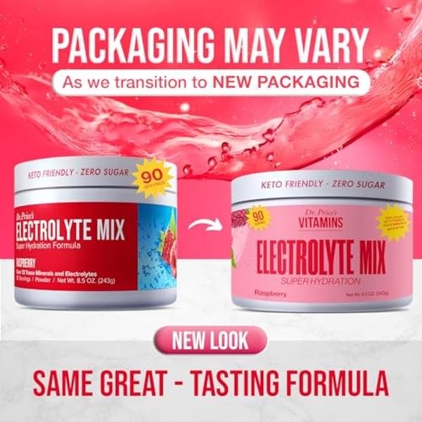 Dr. Price’s Electrolyte Mix | Sugar-Free Hydration Powder with 72+ Trace Minerals | No Sugar, Fast-Dissolving Electrolytes Powder Packets | Raspberry, 90 Servings