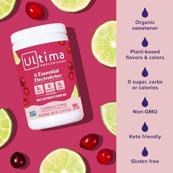 Ultima Replenisher Daily Electrolyte Powder Drink Mix – Cranberry Cosmo, 90 Servings – Hydration Powder with 6 Key Electrolytes and Trace Minerals – Keto Friendly, Non-GMO and Suga