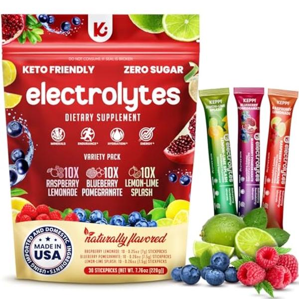 Keppi Keto Electrolytes Powder No Sugar - Made in USA - Advanced Hydration & Recovery - Raspberry Lemonade, Blueberry Pomegranate & Lemon Lime Flavors
