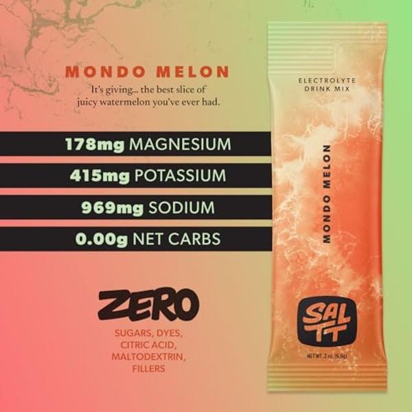 Keto Chow SALTT Electrolytes Powder Flavored Drink Mix - Mondo Melon - 30 Hydration Packets - Magnesium, Potassium, Sodium, Trace Minerals - Zero Sugar & Gluten Free - Travel Essen