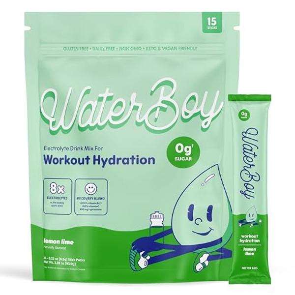 Waterboy Workout Hydration | 2,960mg Sugar Free Electrolyte Powder Packets | L-Glutamine + Vitamins | No Sugar, All Natural, Gluten Free | 15 Drink Stick Mixes (Lemon Lime)