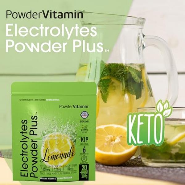 PowderVitamin Electrolytes Powder Plus (20 Servings) Lemonade Electrolyte Powder, No Maltodextrin, Keto,Sugar Free,Pink Himalayan Salt,1000mg Potassium,120mg Calcium,120mg Magnesiu