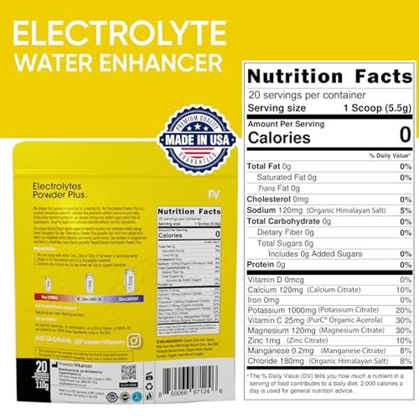 PowderVitamin Electrolytes Powder Plus (20 Servings) Orange Pineapple Electrolyte Powder Zero Calorie Keto,0 Sugar, No Maltodextrin,1000mg Potassium,120mg Calcium,120mg Magnesium, 