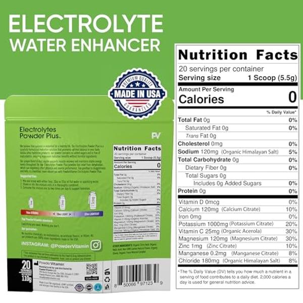PowderVitamin Electrolytes Powder Plus (20 Servings) Lemonade Electrolyte Powder, No Maltodextrin, Keto,Sugar Free,Pink Himalayan Salt,1000mg Potassium,120mg Calcium,120mg Magnesiu