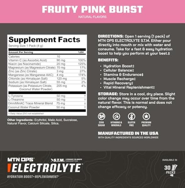 MTN OPS Electrolytes Powder Packets, Sugar Free Hydration Packets, Gluten-Free Hydration Powder, Electrolyte Packets STM “Straight to Mouth” - Variety Pack of 3 Flavors, 30 Packs