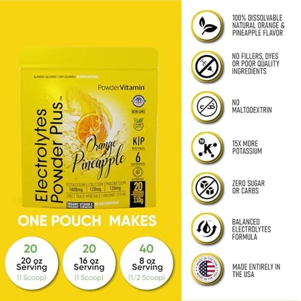 PowderVitamin Electrolytes Powder Plus (20 Servings) Orange Pineapple Electrolyte Powder Zero Calorie Keto,0 Sugar, No Maltodextrin,1000mg Potassium,120mg Calcium,120mg Magnesium, 