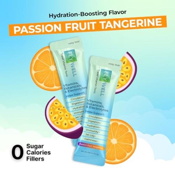 FlyWell Travel Vitamin Tonic for Flight, Jet Lag, Hydration, Circulation, Digestion & Immune Support, Promotes Calmness, Electrolyte Powder, Travel Essentials, Passion Fruit Tanger