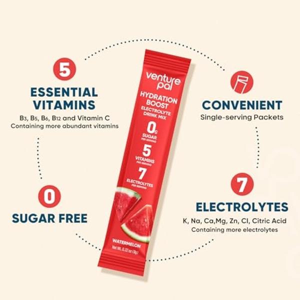 Venture Pal Sugar Free Electrolyte Powder Packets - Liquid Daily IV Hydration Packets for Rehydration | 5 Vitamins & 7 Electrolytes | Keto Friendly | Non-GMO | Vegan | 16 Sticks