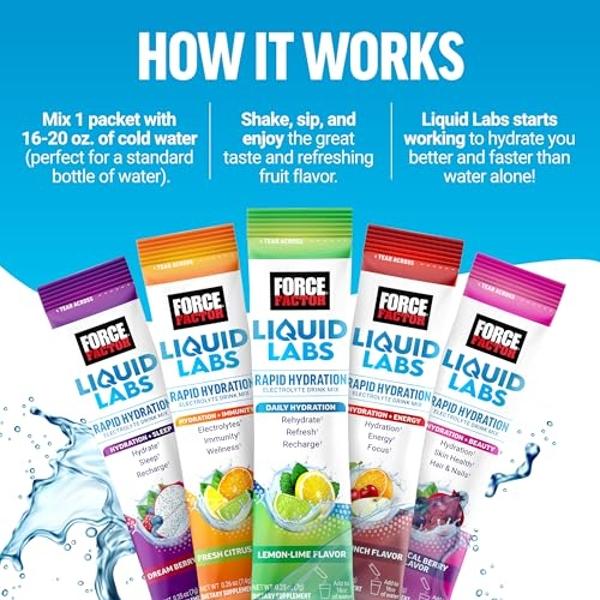 FORCE FACTOR Liquid Labs Electrolytes Powder, Hydration Packets to Make Electrolyte Water with 5 Essential Electrolytes, Vitamins, and Antioxidants, Tropical Fruit Flavor, 40 Stick