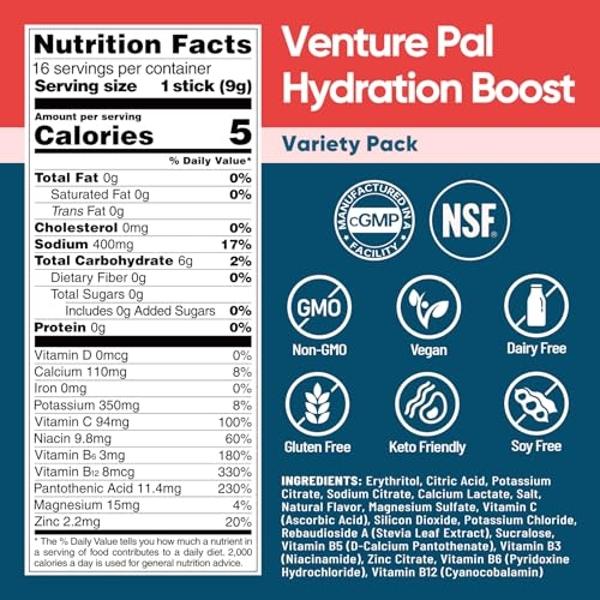 Venture Pal Sugar Free Electrolyte Powder Packets - Liquid Daily IV Hydration Packets for Rehydration | 5 Vitamins & 7 Electrolytes | Keto Friendly | Non-GMO | Vegan | 16 Sticks