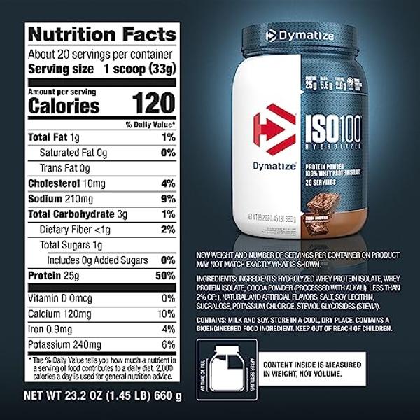 Dymatize ISO100 Whey Protein Powder Isolate, Fudge Brownie, 25g of Protein, 20 Servings, 5.5g BCAAs, Less Than 120 Cal., Gluten Free, 1g Fat, 1g Sugar, 2g Carb