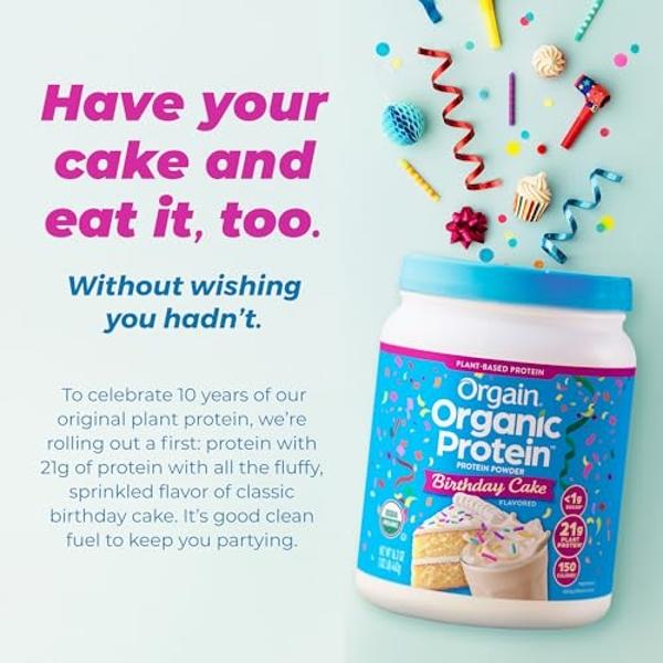 Orgain Organic Vegan Protein Powder, Birthday Cake - 21g Plant Based Protein, 7g Prebiotic Fiber, Low Net Carb, No Lactose Ingredients, No Added Sugar, Non-GMO, for Shakes & Smooth