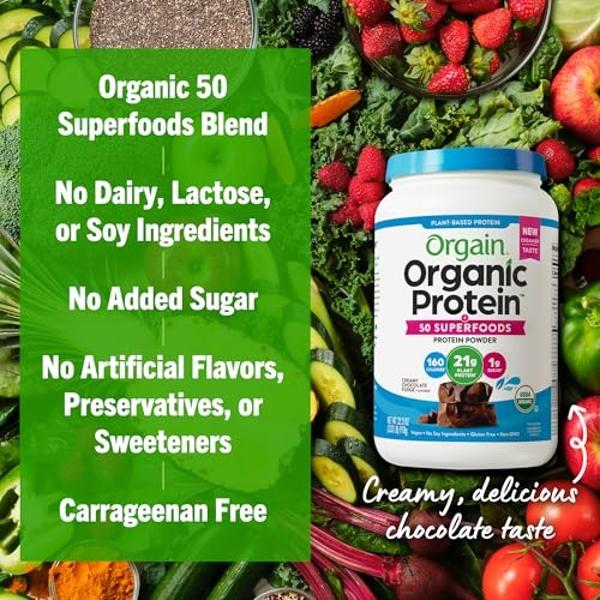 Orgain Organic Vegan Protein + 50 Superfoods Powder, Creamy Chocolate Fudge - 21g Plant Based Protein, 9g Prebiotic Fiber, No Lactose, Gluten Free, No Added Sugar, 2.02 lb (Packagi