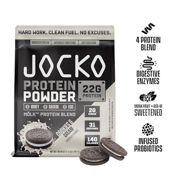 Jocko Fuel Mölk Whey Protein Powder - Keto, Probiotics, Digestive Enzymes, Amino Acids, Low Sugar Monk Fruit Blend - Supports Muscle Recovery & Growth (2.5 LB, Cookies & Cream)