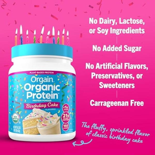 Orgain Organic Vegan Protein Powder, Birthday Cake - 21g Plant Based Protein, 7g Prebiotic Fiber, Low Net Carb, No Lactose Ingredients, No Added Sugar, Non-GMO, for Shakes & Smooth