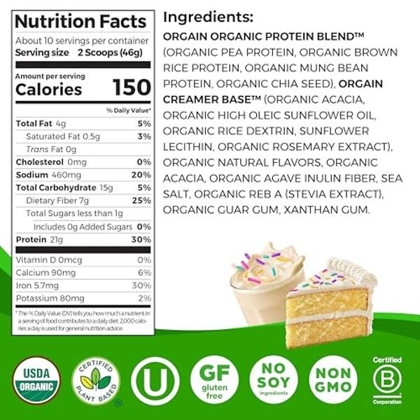 Orgain Organic Vegan Protein Powder, Birthday Cake - 21g Plant Based Protein, 7g Prebiotic Fiber, Low Net Carb, No Lactose Ingredients, No Added Sugar, Non-GMO, for Shakes & Smooth