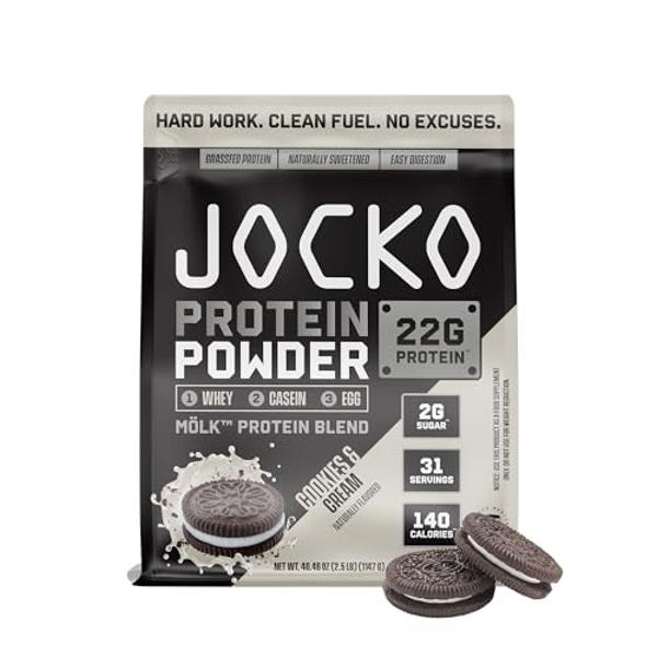 Jocko Fuel Mölk Whey Protein Powder - Keto, Probiotics, Digestive Enzymes, Amino Acids, Low Sugar Monk Fruit Blend - Supports Muscle Recovery & Growth (2.5 LB, Cookies & Cream)