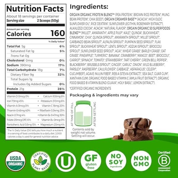 Orgain Organic Vegan Protein + 50 Superfoods Powder, Creamy Chocolate Fudge - 21g Plant Based Protein, 9g Prebiotic Fiber, No Lactose, Gluten Free, No Added Sugar, 2.02 lb (Packagi