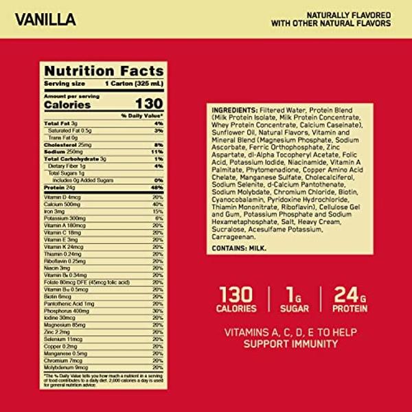 Optimum Nutrition Gold Standard Protein Shake, 24g Protein, Ready to Drink Protein Shake, Gluten Free, Vitamin C for Immune Support, Vanilla, 11 Fl Oz, Pack of 4 (Packaging May Var