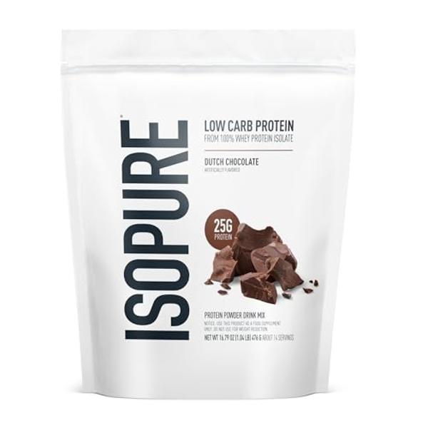 Isopure Low Carb 100% Pure Whey Isolate Protein Powder, Lactose Free, Gluten Free, With Vitamins, Dutch Chocolate, 25g Protein Per Serving, 1 Lb, 14 Servings (Packaging May Vary)