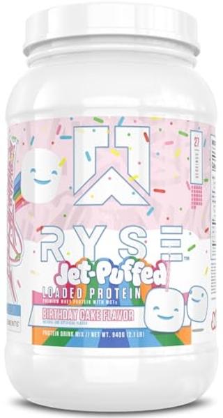 RYSE Loaded Protein Powder - Jet-Puffed Birthday Cake - 25g Whey Protein Isolate & Concentrate with Prebiotic Fiber & MCTs - Low Carb, Low Sugar, Digestive-Friendly - 27 Servings /