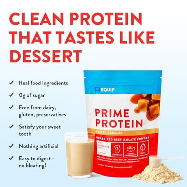 Equip Foods Prime Protein Powder | Clean, Grass Fed Beef Protein Isolate | Carnivore Protein Powder | Paleo, Keto Friendly | Gluten, Dairy Free | 30 Servings, Salted Caramel