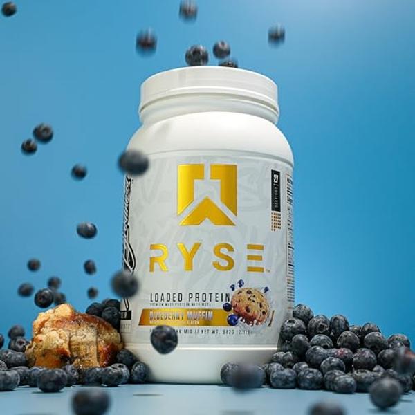 RYSE Loaded Protein Powder - Blueberry Muffin - 25g Whey Protein Isolate & Concentrate with Prebiotic Fiber & MCTs - Low Carb, Low Sugar, Digestive-Friendly - 54 Servings / 4 lb Tu
