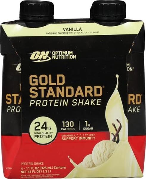 Optimum Nutrition Gold Standard Protein Shake, 24g Protein, Ready to Drink Protein Shake, Gluten Free, Vitamin C for Immune Support, Vanilla, 11 Fl Oz, Pack of 4 (Packaging May Var