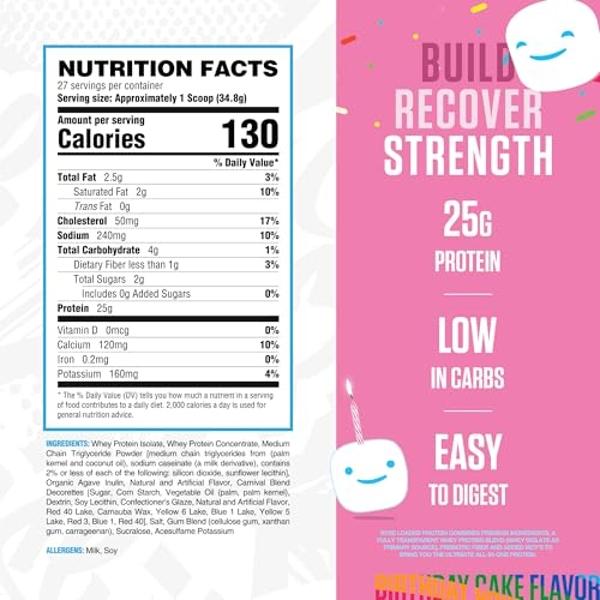 RYSE Loaded Protein Powder - Jet-Puffed Birthday Cake - 25g Whey Protein Isolate & Concentrate with Prebiotic Fiber & MCTs - Low Carb, Low Sugar, Digestive-Friendly - 27 Servings /