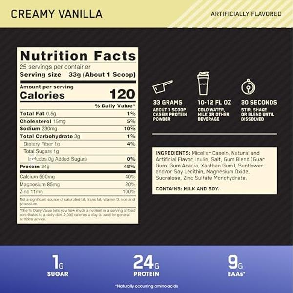 Optimum Nutrition Gold Standard 100% Micellar Casein Protein Powder, Slow Digesting, Helps Keep You Full, Overnight Muscle Recovery, Creamy Vanilla, 1.81 Pound (Packaging May Vary)