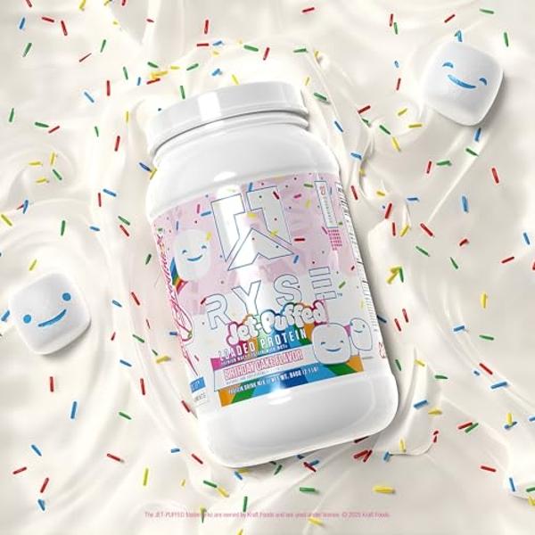 RYSE Loaded Protein Powder - Jet-Puffed Birthday Cake - 25g Whey Protein Isolate & Concentrate with Prebiotic Fiber & MCTs - Low Carb, Low Sugar, Digestive-Friendly - 27 Servings /
